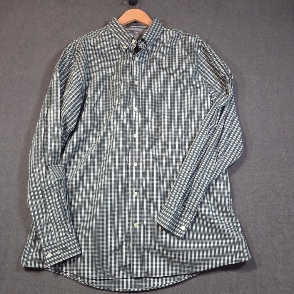 Eddie Bauer Button Down Shirt Mens TXL Green Plaid Wrinkle Free Relaxed Fit